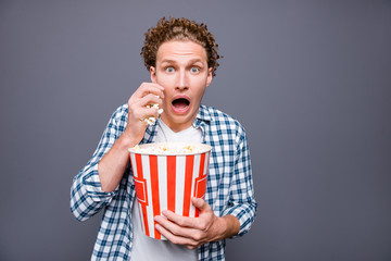 Naklejka premium Portrait of stylish trendy attractive handsome scared worried fa