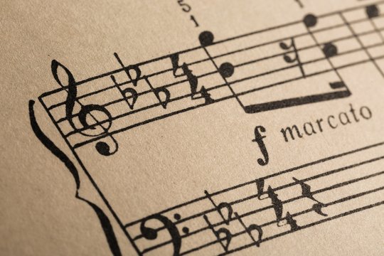 Music Notes on Staves with Marcato Close-Up