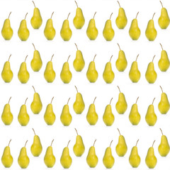 Yellow pears on a white background, isolated. Pattern yellow ripe pear on white background. Harvest of pears.