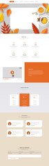 Autumn one page website template with top view of flat design workplace and orange colored autumn leaves.