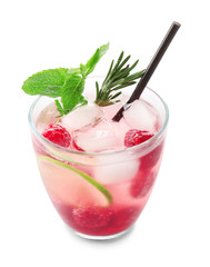 Glass of fresh raspberry lemonade on white background