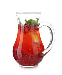 Jug with fresh raspberry lemonade on white background