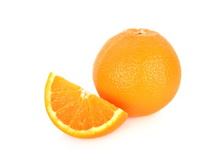 whole and cut fresh Navel orange on white background