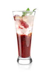 Fototapeta na wymiar Glass of fresh raspberry lemonade on white background