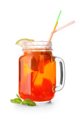 Fresh summer cocktail in mason jar on white background