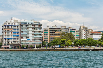 Thessaloniki, Greece - August 16, 2018: View of Thessaloniki from the sea. Buildings, hotels and restaurants in Nikis Avenue. Nikis Avenue is the central waterfront avenue in Thessaloniki, Greece.