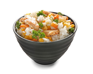 Bowl with tasty boiled rice, vegetables and meat on white background