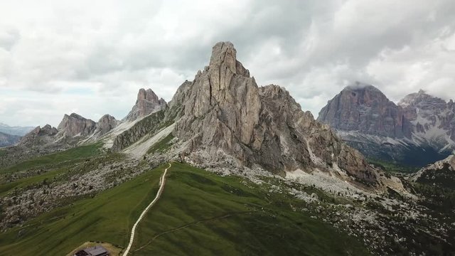 Aerial- EPIC shot of the Italian Dolomites and the surrounding mountains.