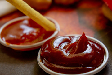 Tomato sauce and French fries Fast food in the restaurant