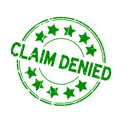Grunge green claim denied with star icon round rubber seal stamp on white background