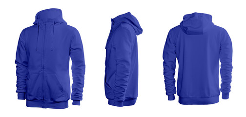Blue men's sweatshirt with long sleeves and hood in rear and side views