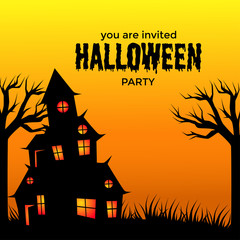 Halloween party invitation with scary house. poster banner template. 