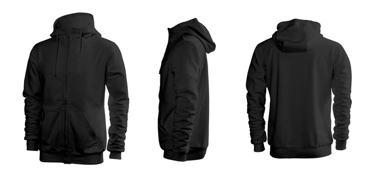 Black men's sweatshirt with long sleeves and hood in rear and side views