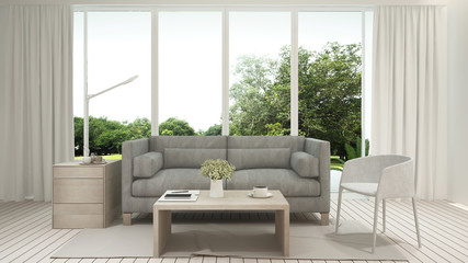 Fototapeta na wymiar Living room and nature view - Living room in house or apartment on forest view background - Interior simple design - 3D Rendering