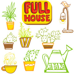 Full Home. phrase lettering with plants. Hand-drawn Illustration for prints on t-shirts and bags, posters.