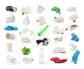 Collection of trash isolated on a white background