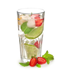 Glass of fresh strawberry lemonade on white background