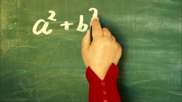 mathematics: female hand writing the theorem of Pythagoras on a green chalkboard