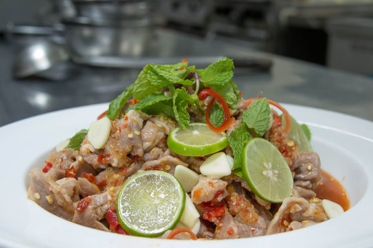 spicy salad with slice pork thai food