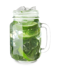 Mason jar of fresh mojito on white background