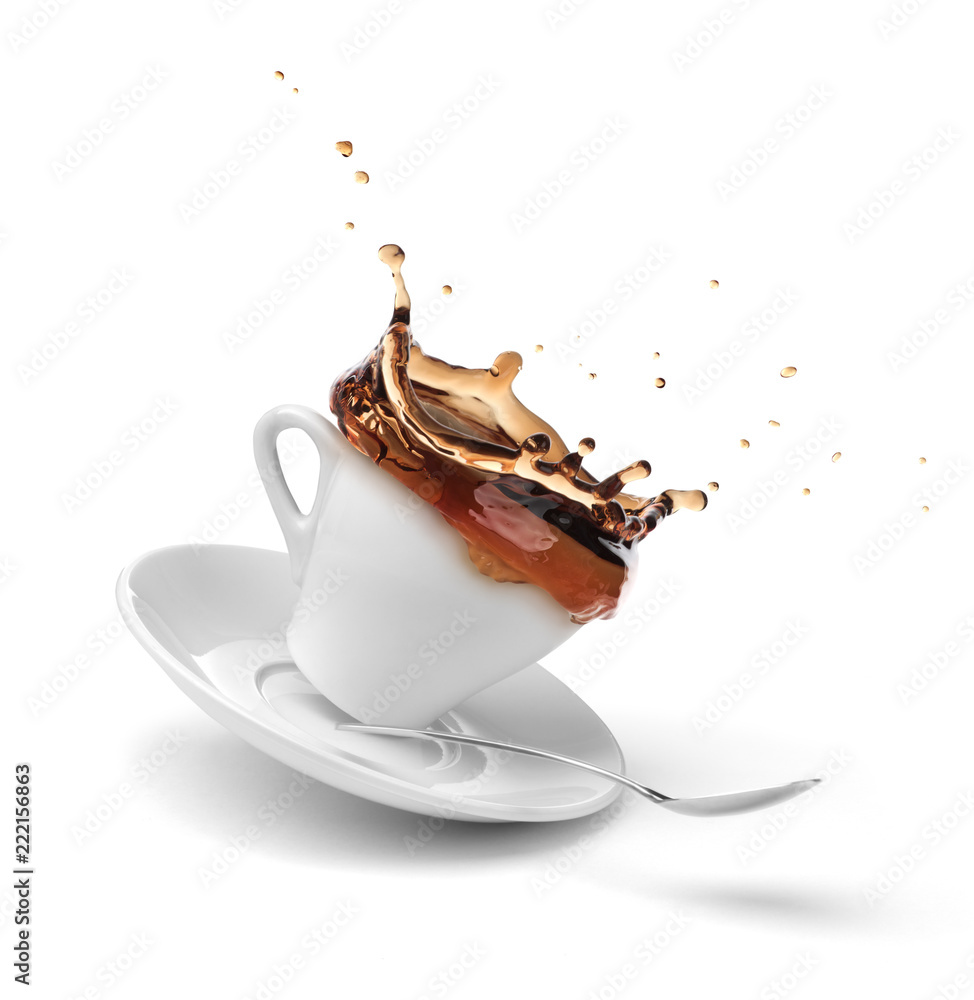 Sticker coffee splashing out of a cup isolated on white