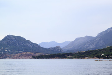 landscape with Adriatic sea, mountains and clouds near Bar in Montenegro