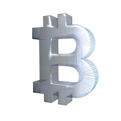 Bitcoin sign, platinum or silver turns into a blue grid on a white background. 3D illustration