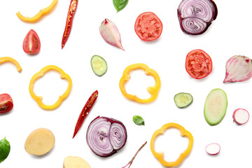 Composition with fresh vegetables on white background