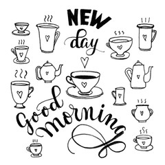 Obraz premium Set of black and white cups and teapots isolated on white background for good morning cards.