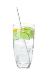Glass of fresh lime lemonade on white background