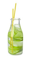 Bottle of fresh lime lemonade on white background