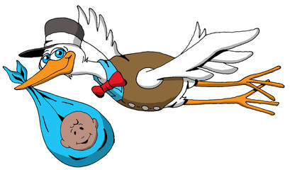 A Very Happy Stork on His Way to Deliver an Ethnic Baby Boy