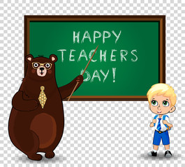 Happy teachers day clip art with cartoon bear teacher and student boy isolated