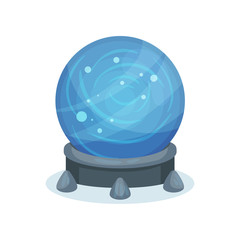 Big blue magic ball on gray stand. Crystal sphere with sparkles inside. Flat vector for mobile game or children book