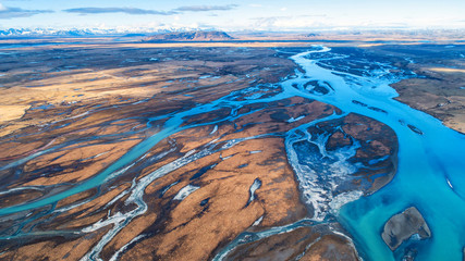 Aerial view and top view river in Iceland. Beautiful natural backdrop.