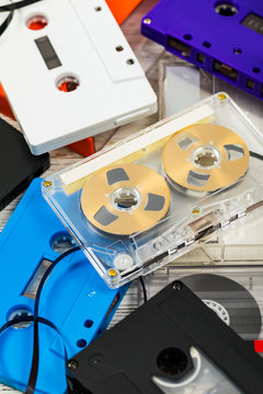 Compact Audio Cassette Tape Background. Selective focus.