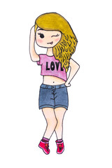 Child's drawing of a winking girl, made of felt-tip pens on paper