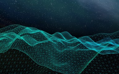Star horizon. Abstract landscape on a dark background. Cyberspace grid. Hi-tech network. Outer space. Starry outer space texture. 3D illustration