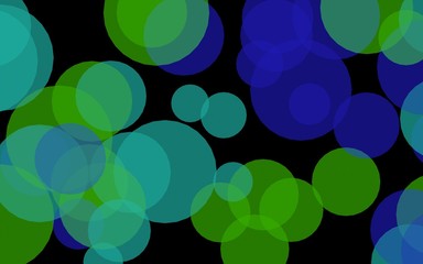 Multicolored translucent circles on a dark background. Green tones. 3D illustration