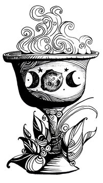 Chalice with magic potion smoke. Hand drawn Illustration for prints on t-shirts and bags, posters.