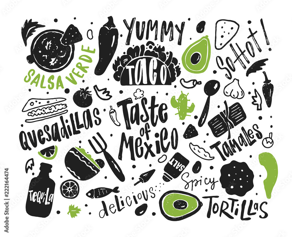 Wall mural taste of mexico. hand drawn illustration and lettering with different mexican food - Wall murals