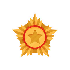 Golden military medal. Honorable award for courage and valor. Gold star order. Army reward. Flat vector icon