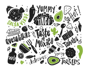 Taste of Mexico. Hand drawn illustration and lettering with different mexican food
