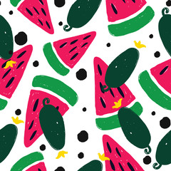 Watermelon and cucumber. Vector seamless pattern. Hand drawn elements.