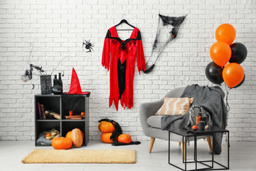 Interior of room decorated for Halloween party