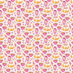 Watercolor cranberry cupcakes and tea watercolor illustration pattern on white background