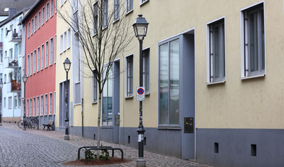 Lamp posts and colorful buildings in Frankfurt street
