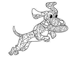 Antistress coloring dog is playing Frisbee. Scribbles, lines, patterns. Raster