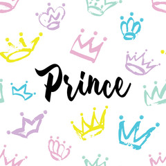 Prince card design. Hand drawn Crown pattern isolated on white background.