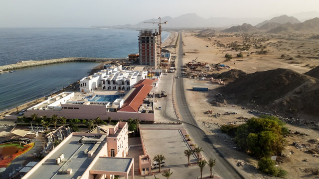 Fujairah. UAE. September 2018. The construction of hotels on the coast.